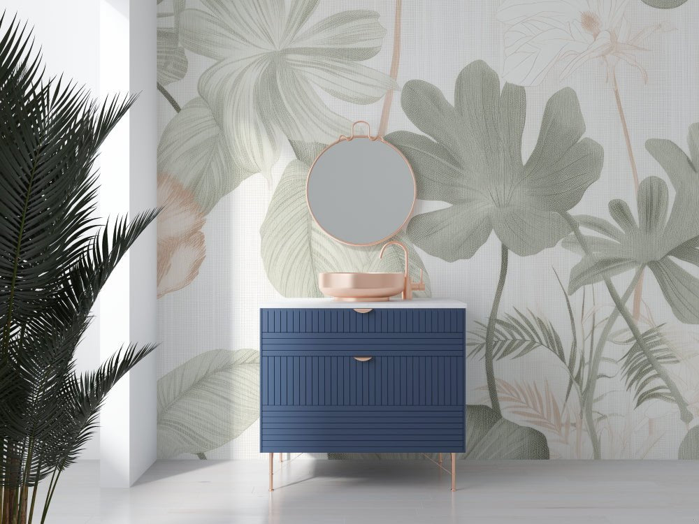 Elegant vanity setup against sage green monstera leaf mural wallpaper