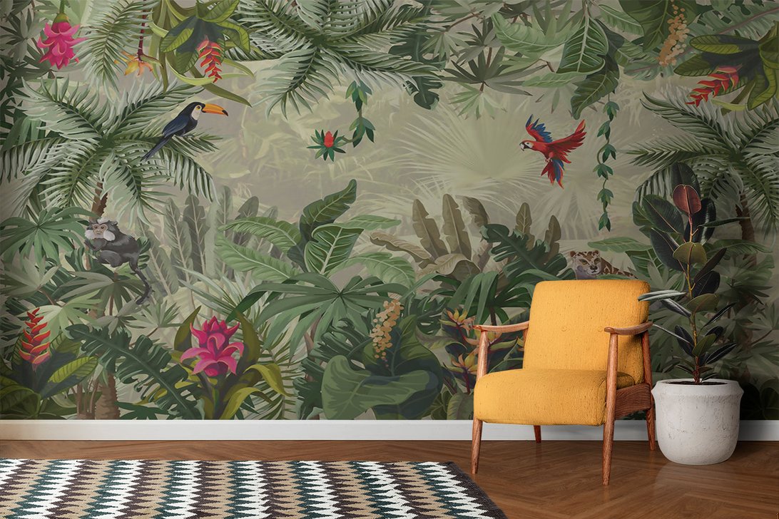 Tropical paradise mural wallpaper with toucan and macaw in modern living room