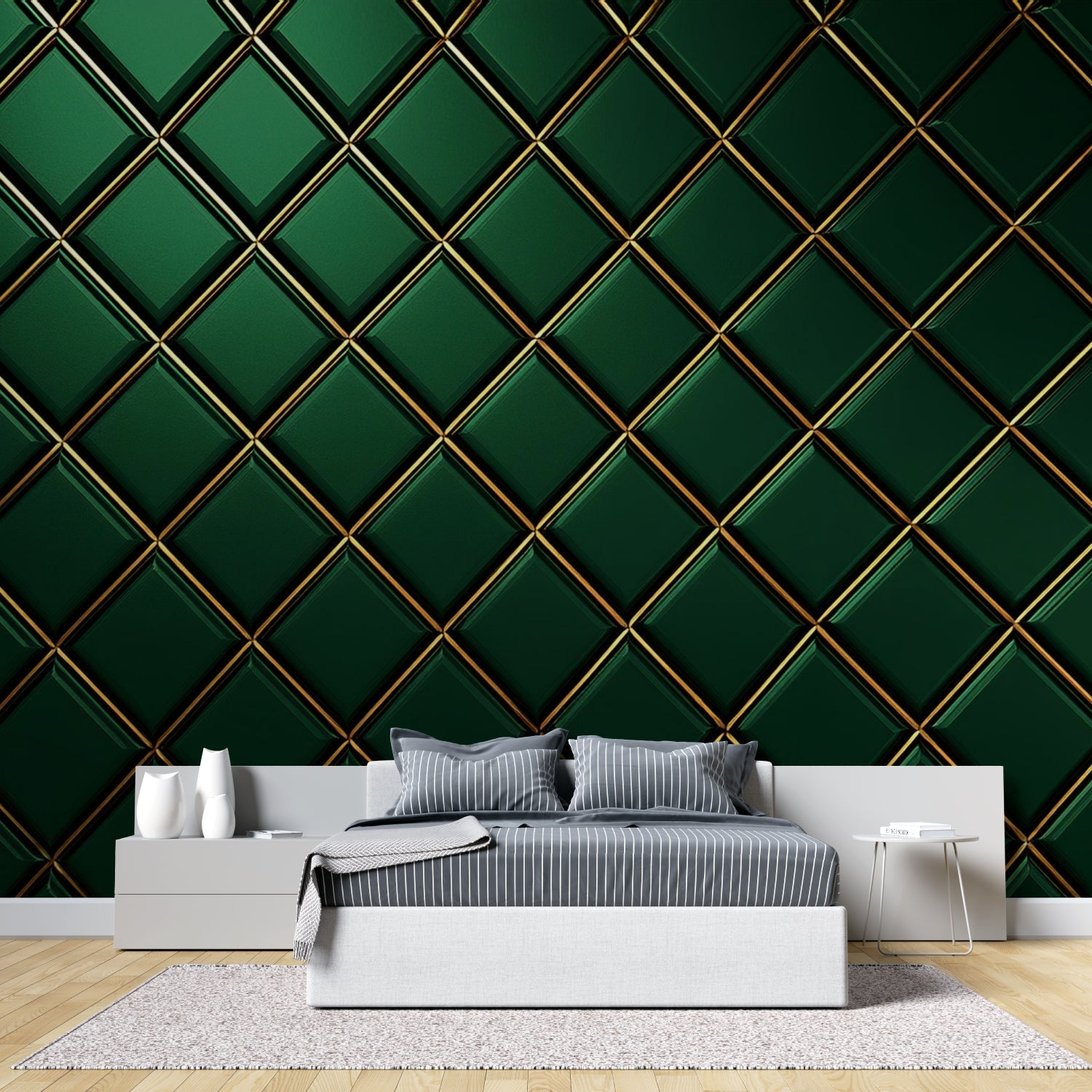 Emerald green Art Deco diamond pattern mural wallpaper in contemporary bedroom