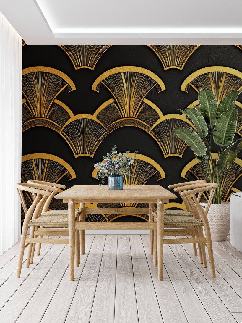 Art Deco mural wallpaper with gold fan pattern displayed in dining room with natural wood furniture