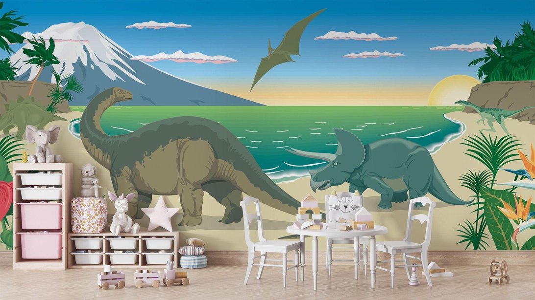 Children's room setup with dinosaur wall mural featuring prehistoric landscape