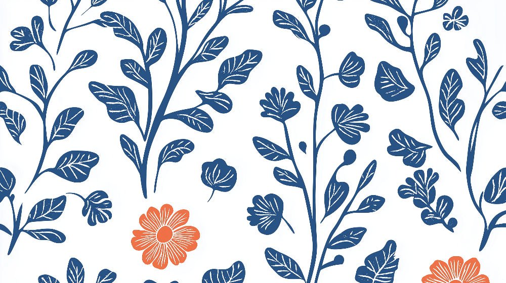 Close-up of navy blue botanical pattern with coral flower accents on white background