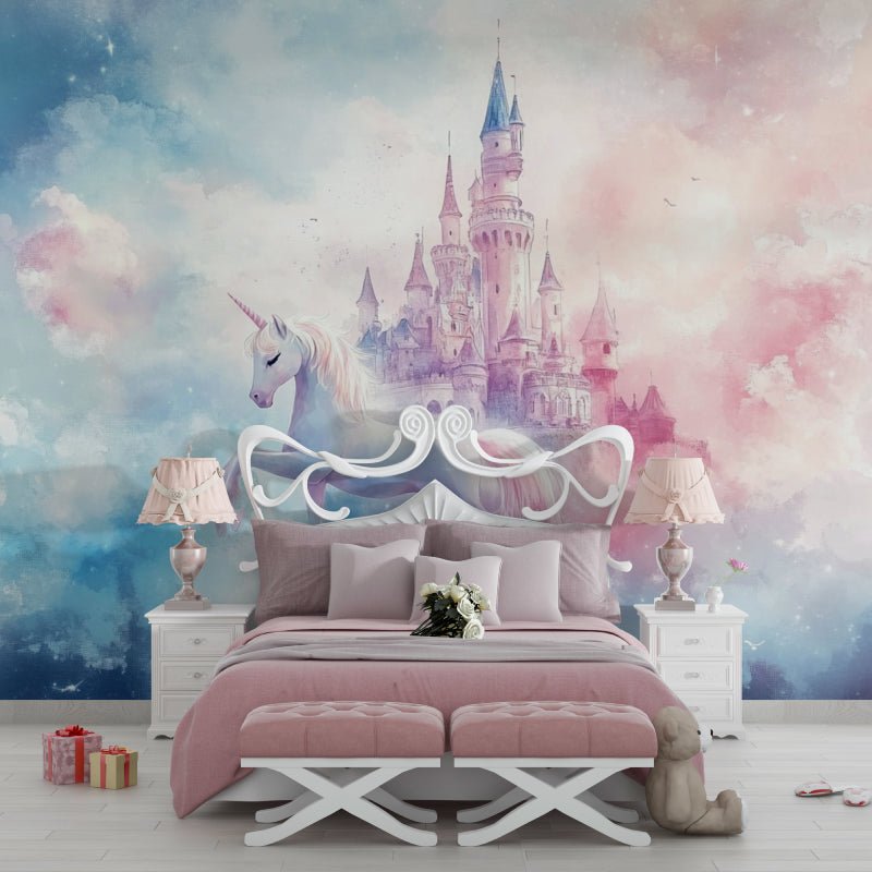 Dreamy castle and unicorn mural wallpaper shown in children's bedroom setting