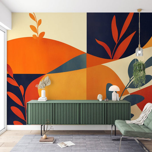 Modern geometric botanical mural wallpaper with orange and navy abstract design shown in contemporary living room setting
