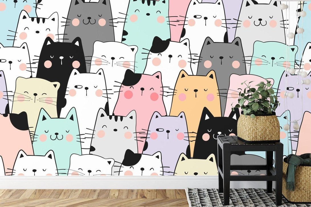 Close-up of pastel kawaii cat pattern mural wallpaper with decorative elements
