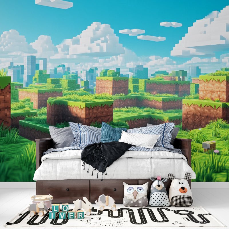 Close-up view of Minecraft pixel art mural wallpaper texture