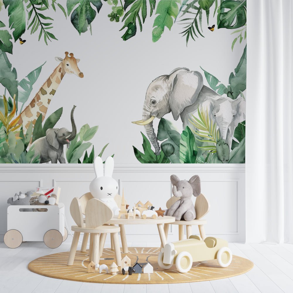 Safari animals wallpaper installation in modern nursery with Scandinavian furniture