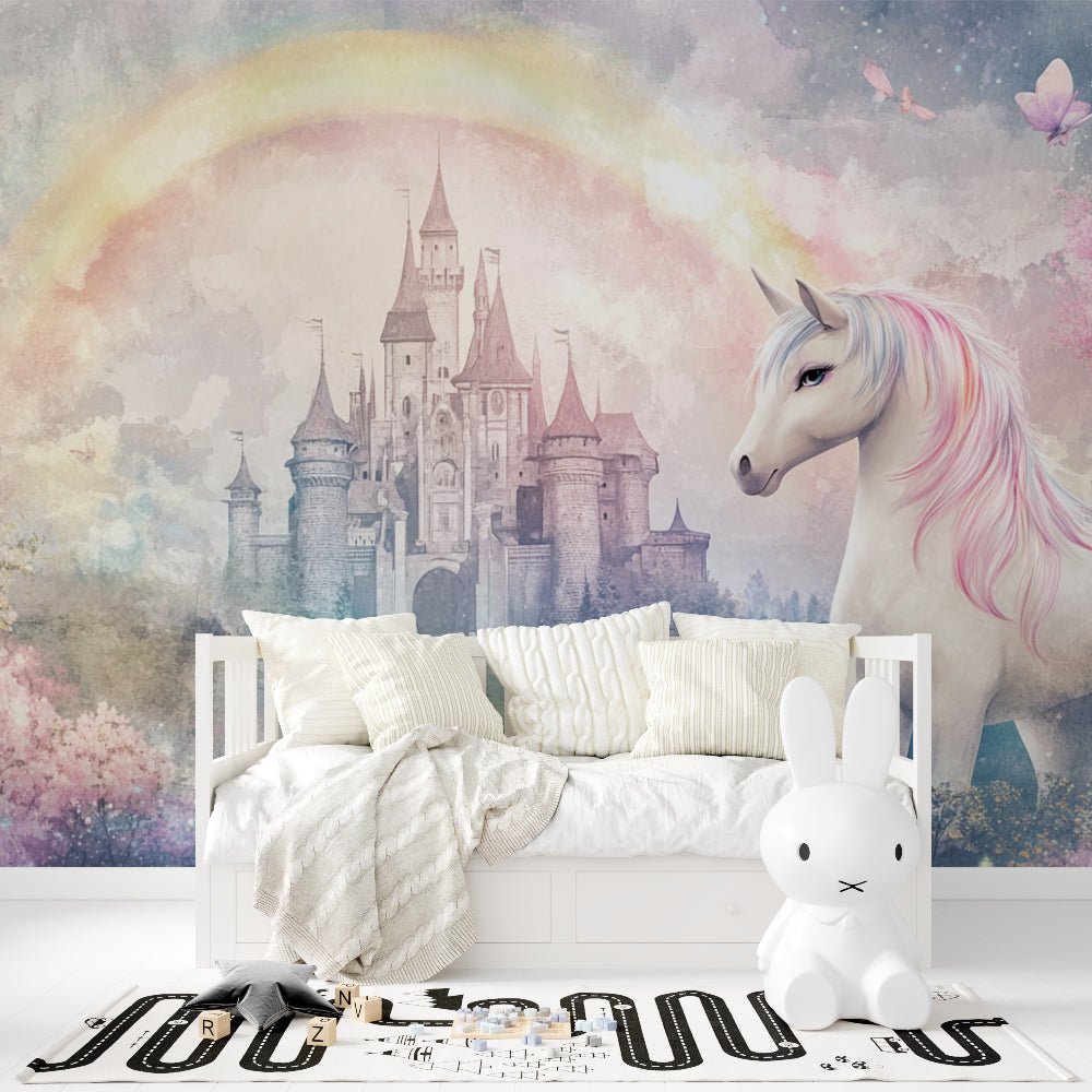 Magical unicorn and castle mural wallpaper with pastel rainbow in nursery setting
