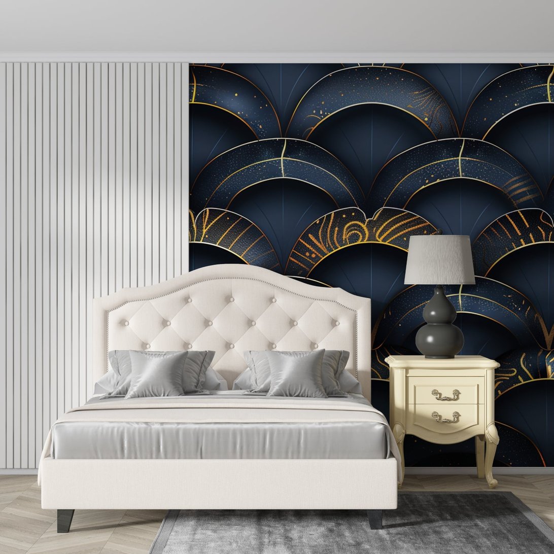 Close-up detail of Art Deco geometric arches mural wallpaper in navy blue and gold
