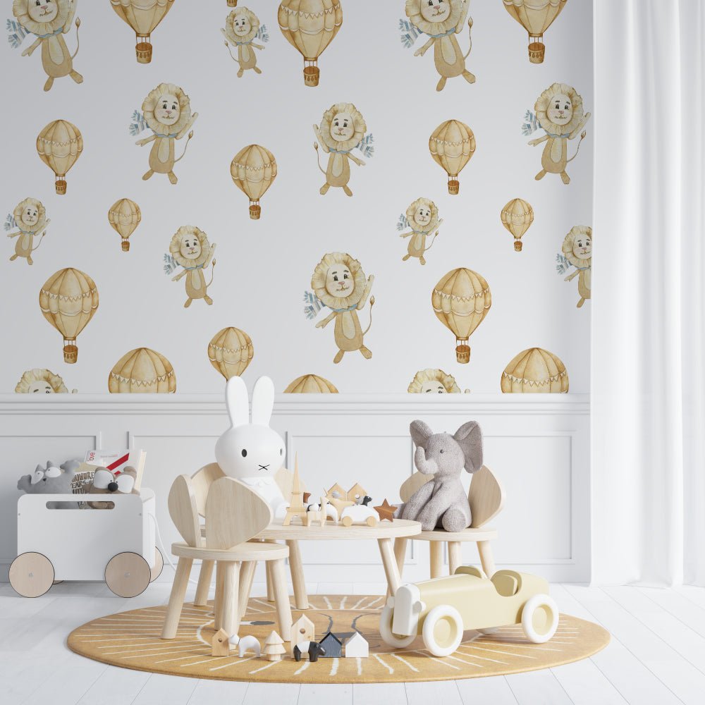 Complete room view of nursery with lions and hot air balloons wallpaper