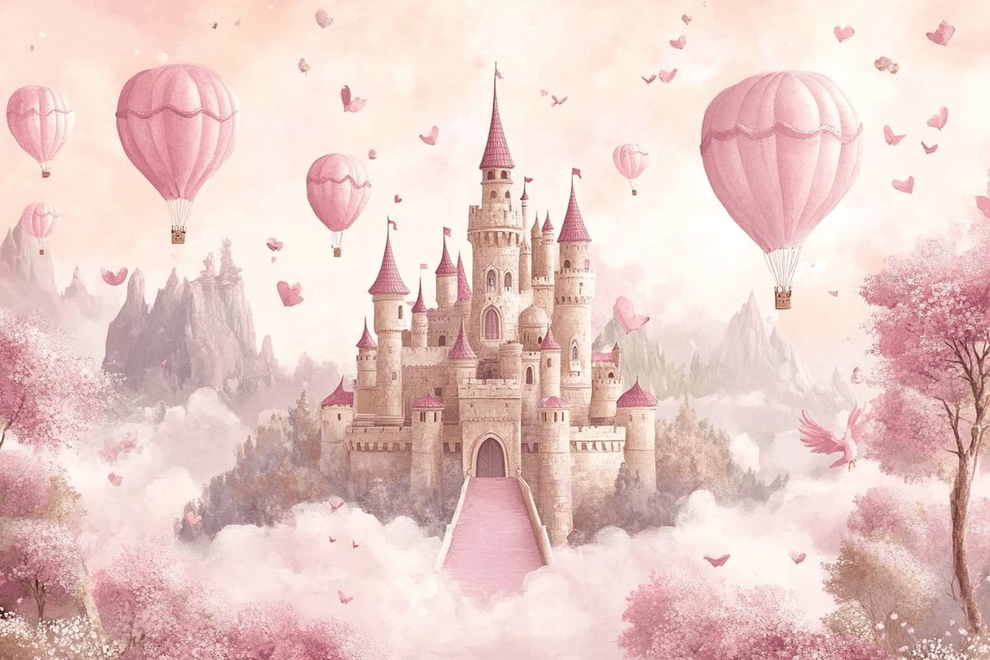 Enchanted castle wall mural with floating balloons in nursery room setting