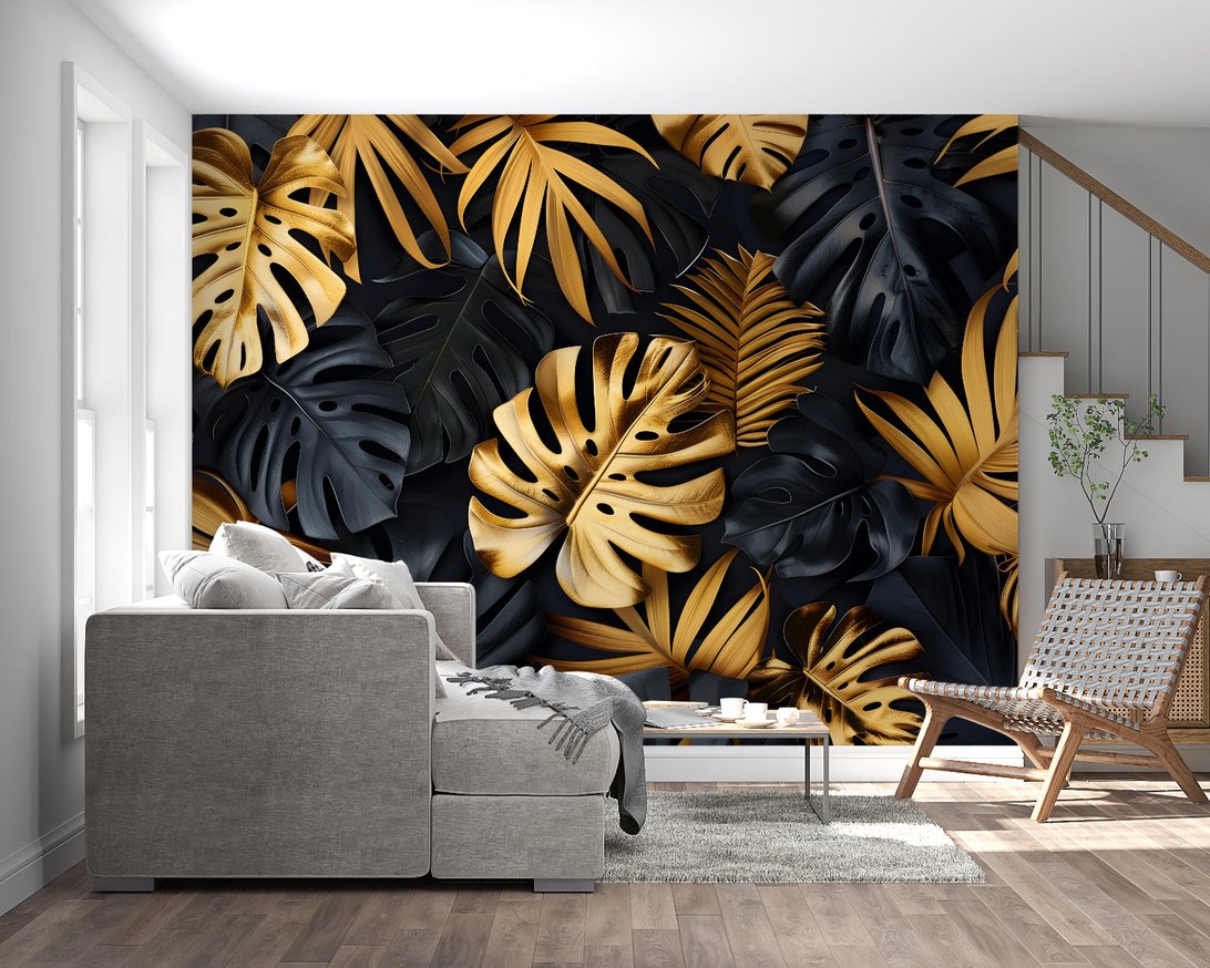 Luxury black and gold monstera leaf mural wallpaper in modern living room setting