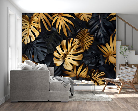 Luxury black and gold monstera leaf mural wallpaper in modern living room setting