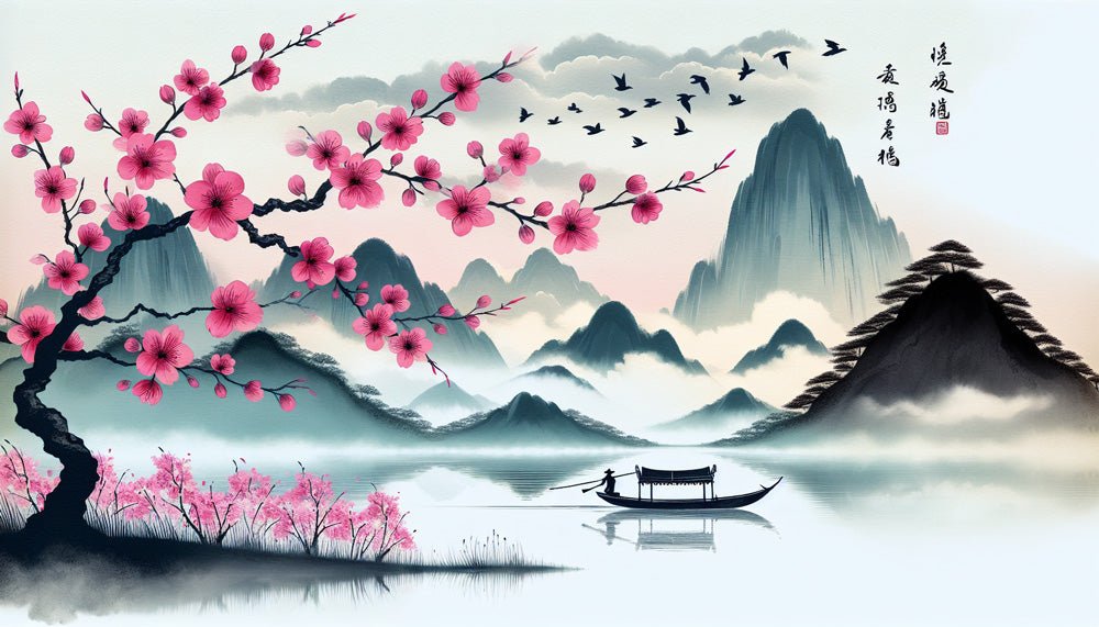 Detailed view of Japanese landscape mural wallpaper showing cherry blossoms and mountains