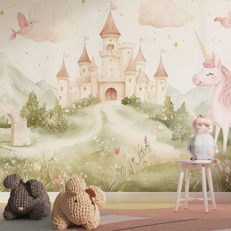 Close-up of princess castle mural wallpaper showing detailed watercolor artwork with unicorn and birds