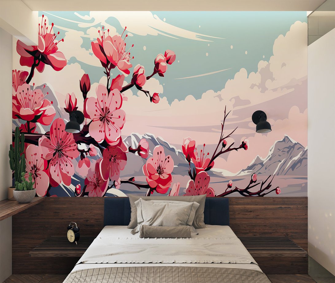 Detailed view of cherry blossom mural wallpaper with mountain landscape