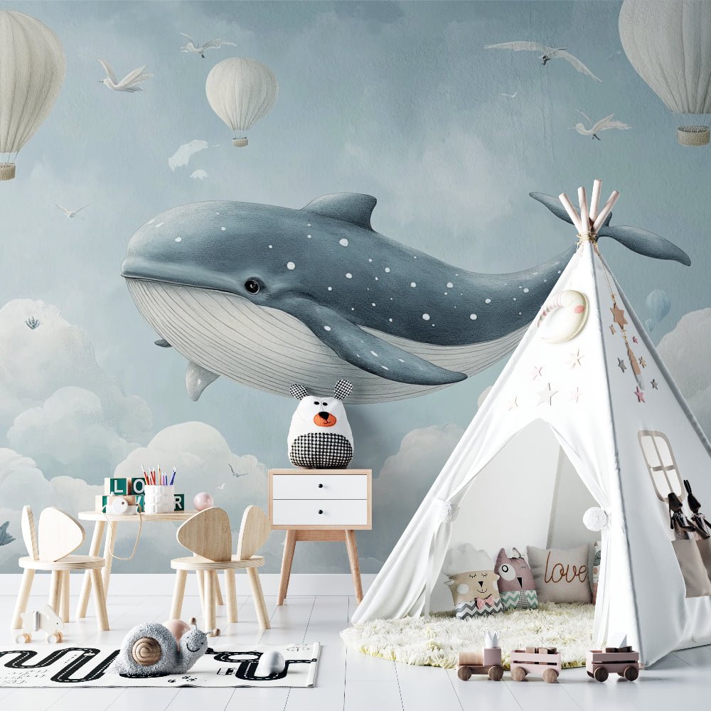 Whale mural wallpaper displayed in a Scandinavian-style children's playroom