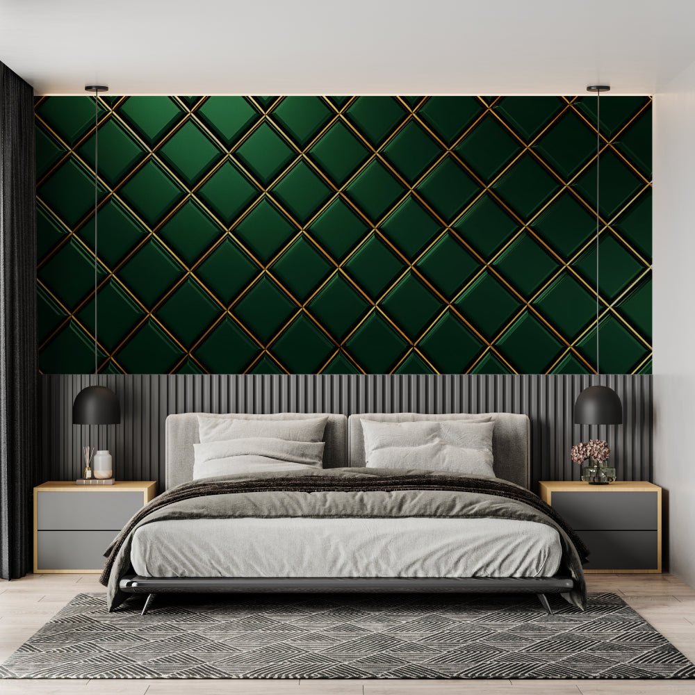 Close-up of emerald green geometric mural wallpaper with gold accent lines