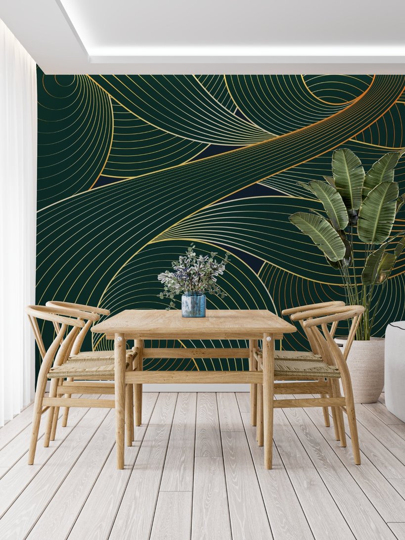 Close-up of emerald and gold geometric wave pattern mural wallpaper texture