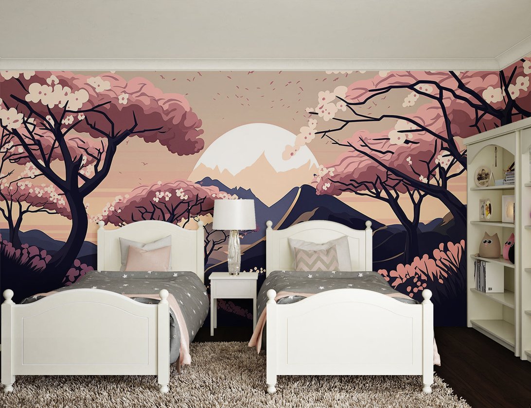 Cherry blossom wall mural with Mount Fuji scene in twin bedroom setting