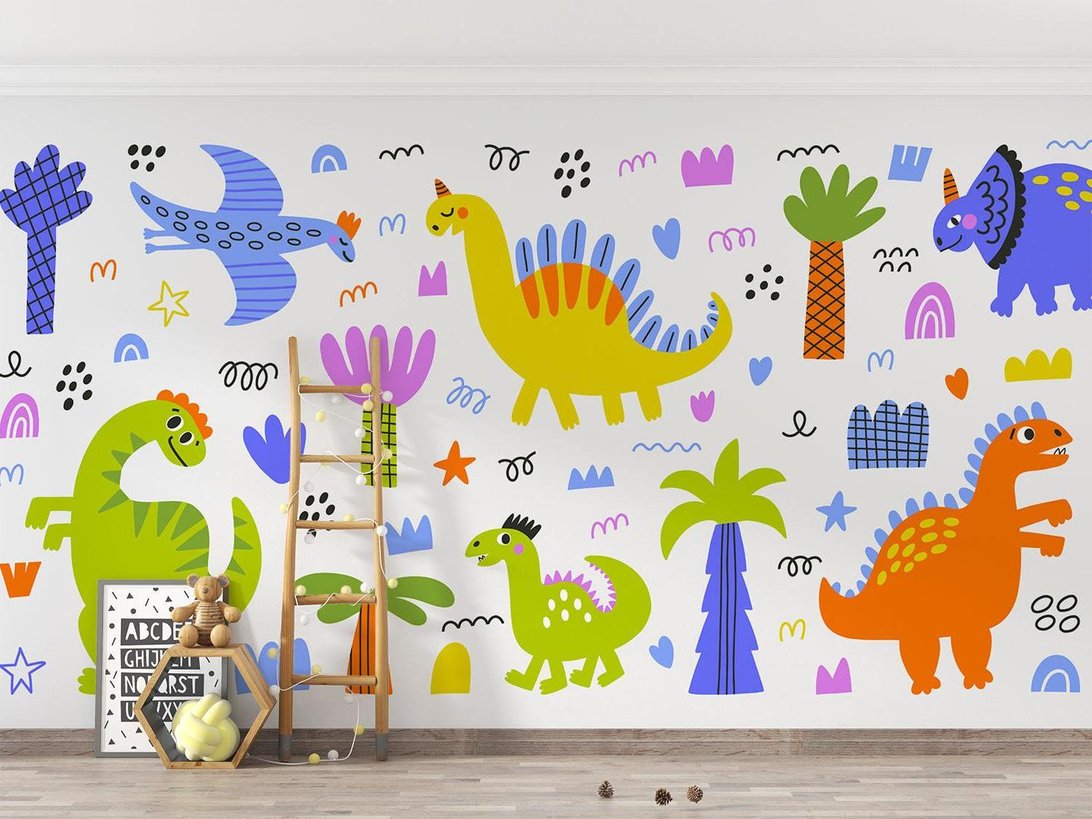 Bright and engaging dinosaur themed wallpaper in nursery setting
