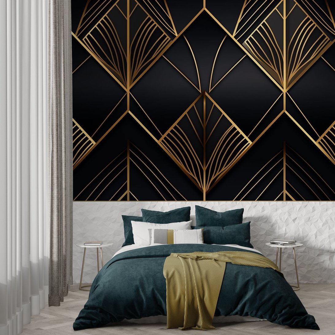 Close-up of black and gold geometric Art Deco wallpaper pattern