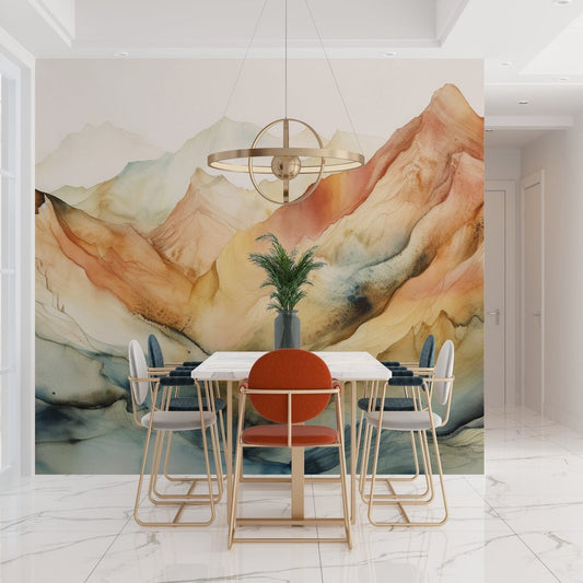 Mountain range mural wallpaper in terracotta and beige tones styled in modern dining room