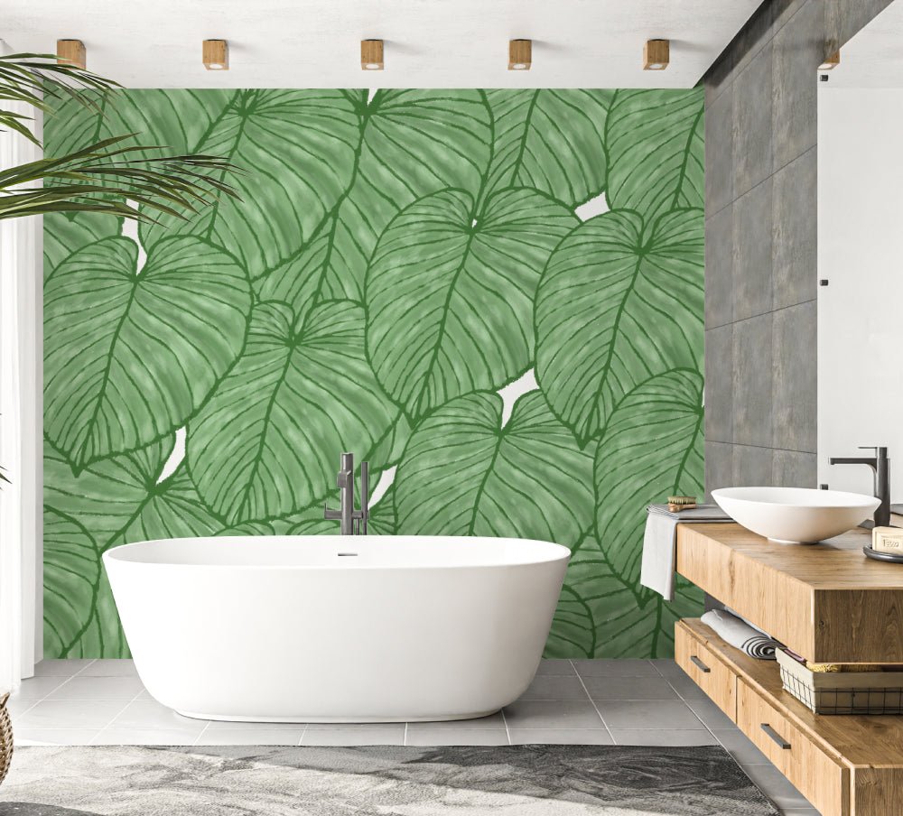 Modern bathroom design with XXL green Monstera leaf wallpaper pattern