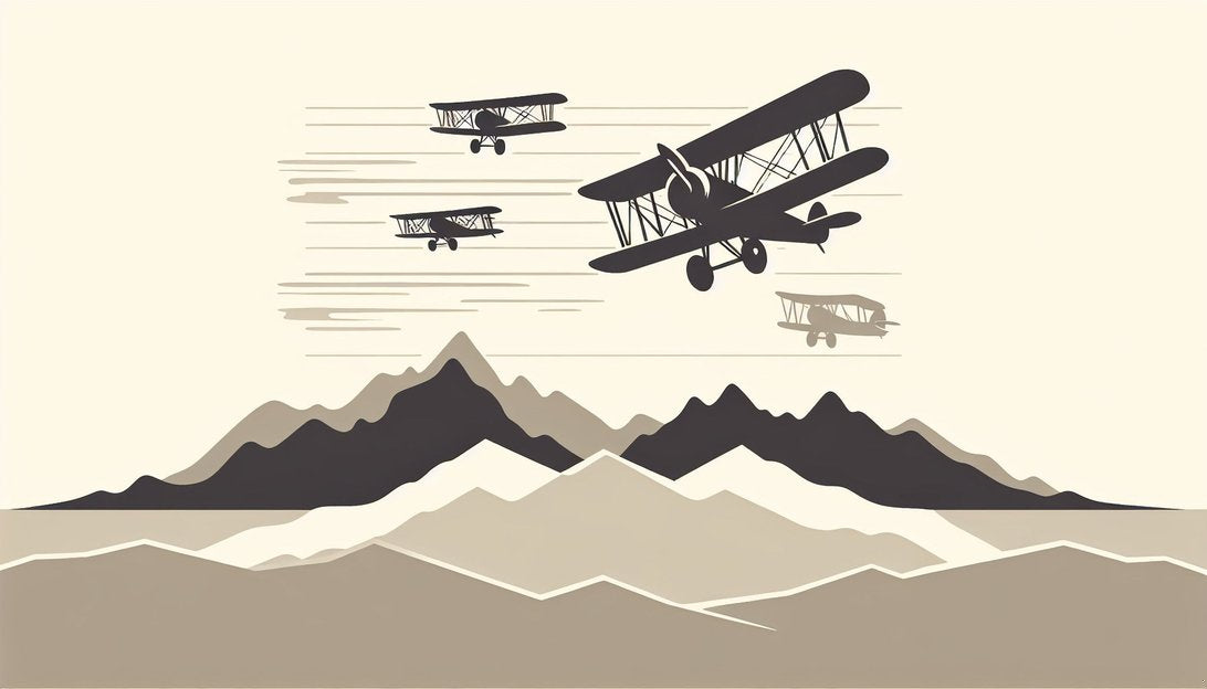 Close-up of vintage aviation wallpaper design showing biplanes and geometric mountain range in black and beige