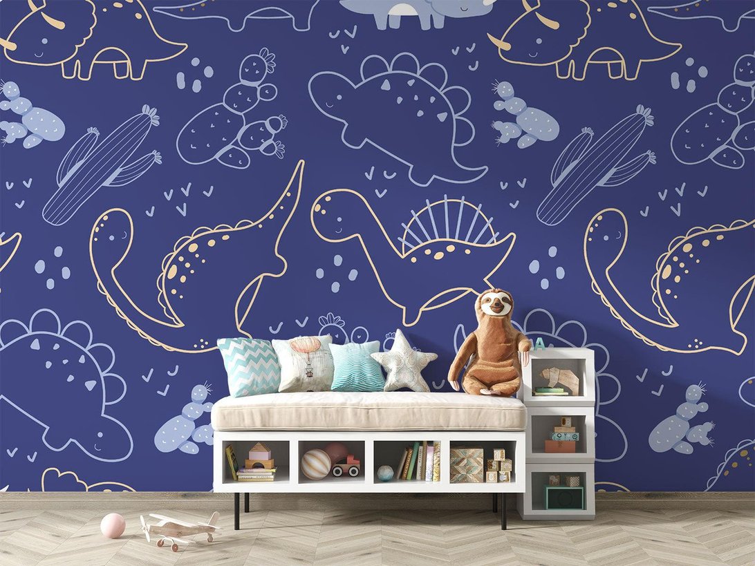 Detail shot of navy blue and gold dinosaur wallpaper pattern