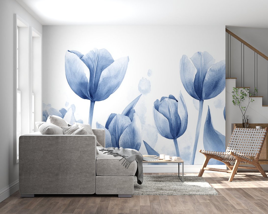 Blue tulips watercolor mural wallpaper in modern living room with gray sofa
