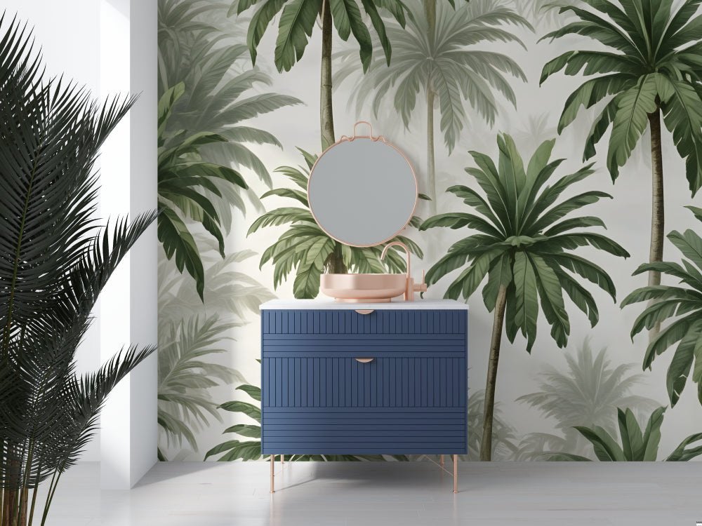 Palm tree mural wallpaper with blue cabinet and round mirror in modern setting