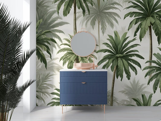Palm tree mural wallpaper with blue cabinet and round mirror in modern setting