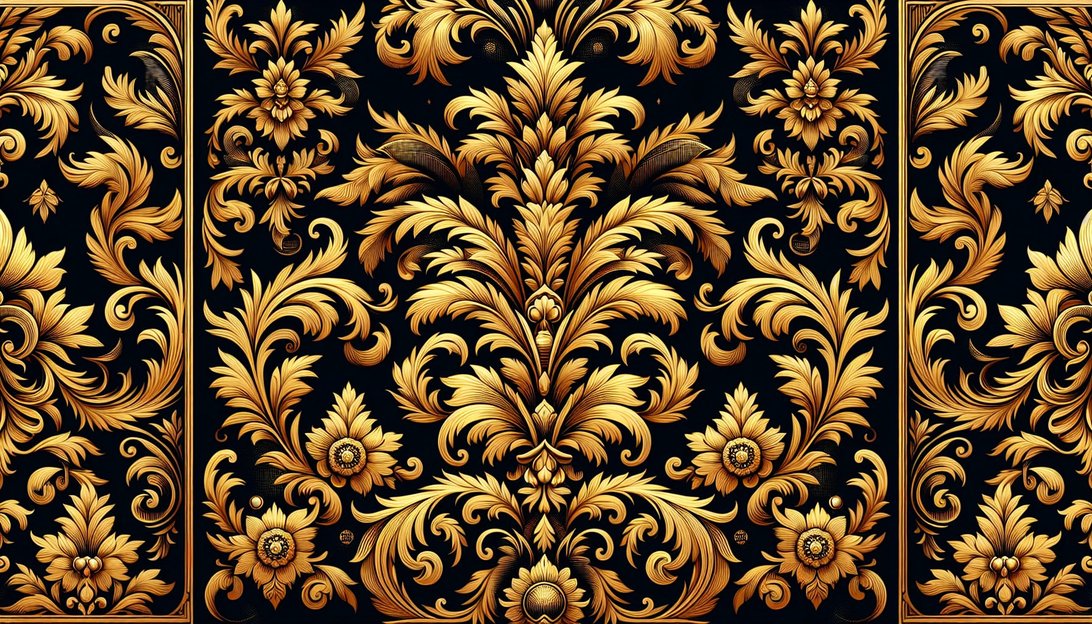 Detailed view of Art Deco black and gold damask pattern with intricate floral and baroque motifs