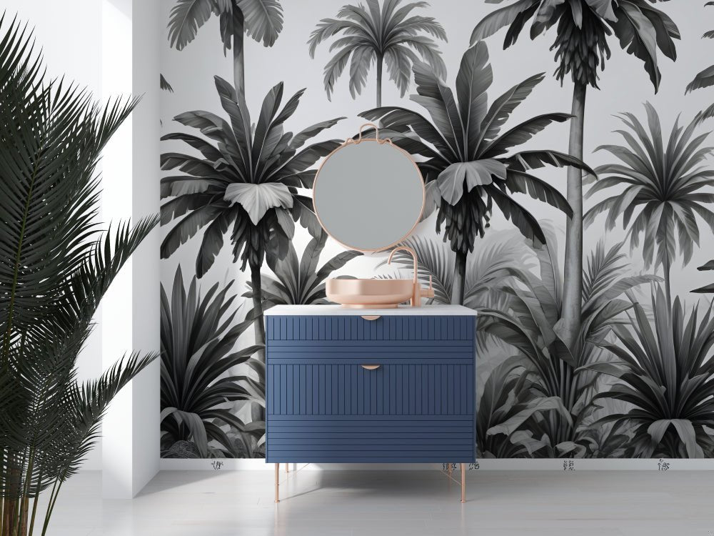 Palm tree mural wallpaper with navy blue vanity and rose gold accents
