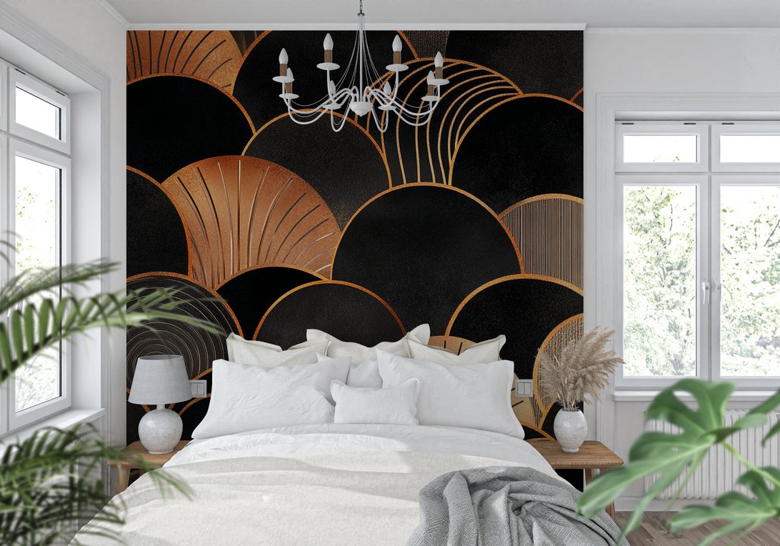 Art Deco geometric mural wallpaper with chandelier in bright bedroom setting