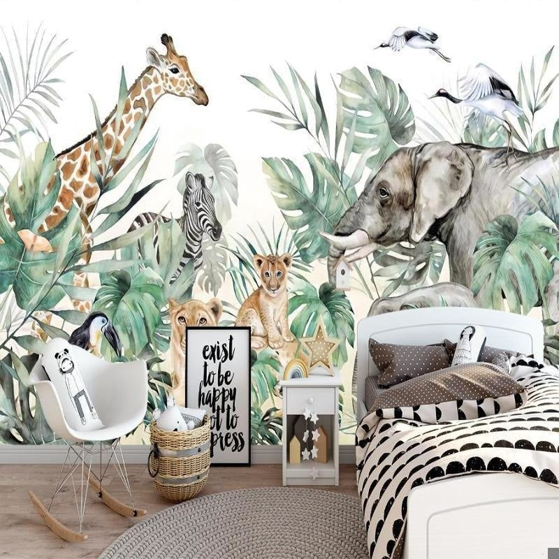 Detailed view of safari mural wallpaper featuring elephants, giraffes, and lions