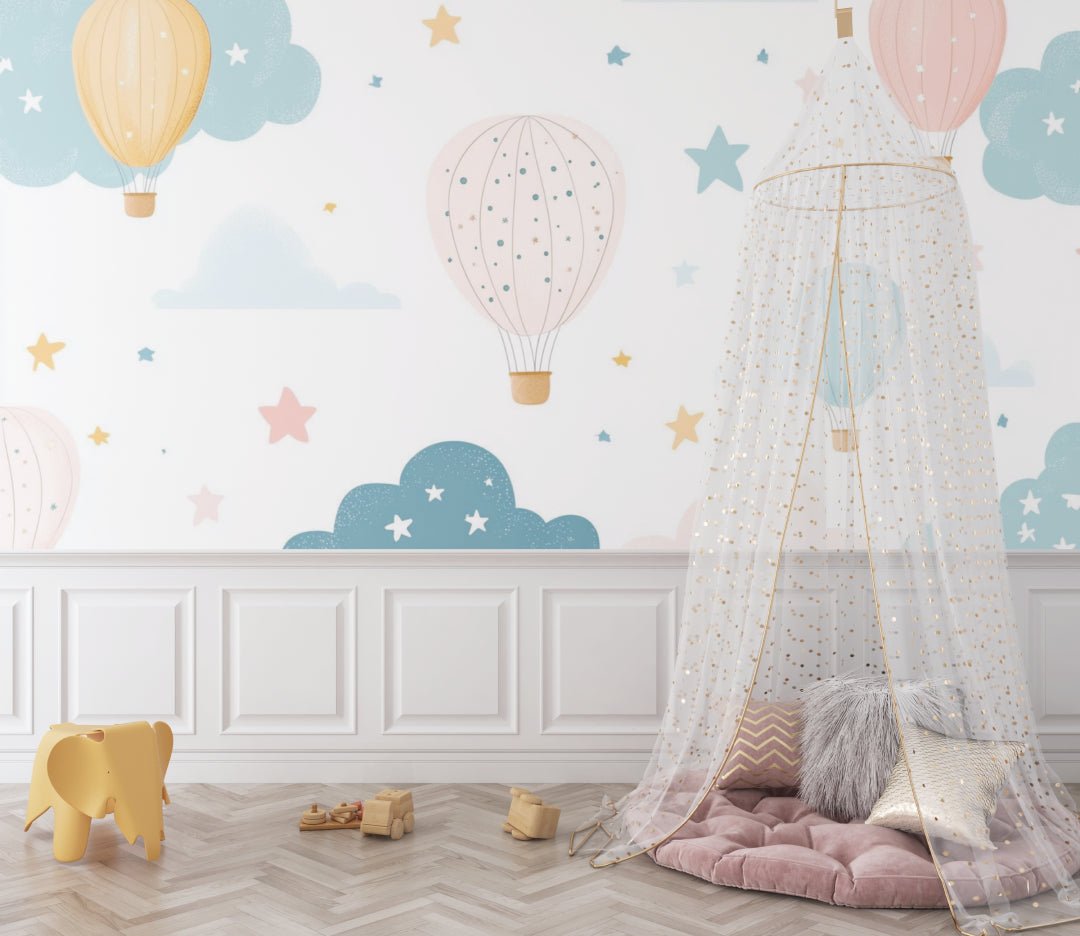 Close-up of hot air balloon wallpaper design showing pastel color details
