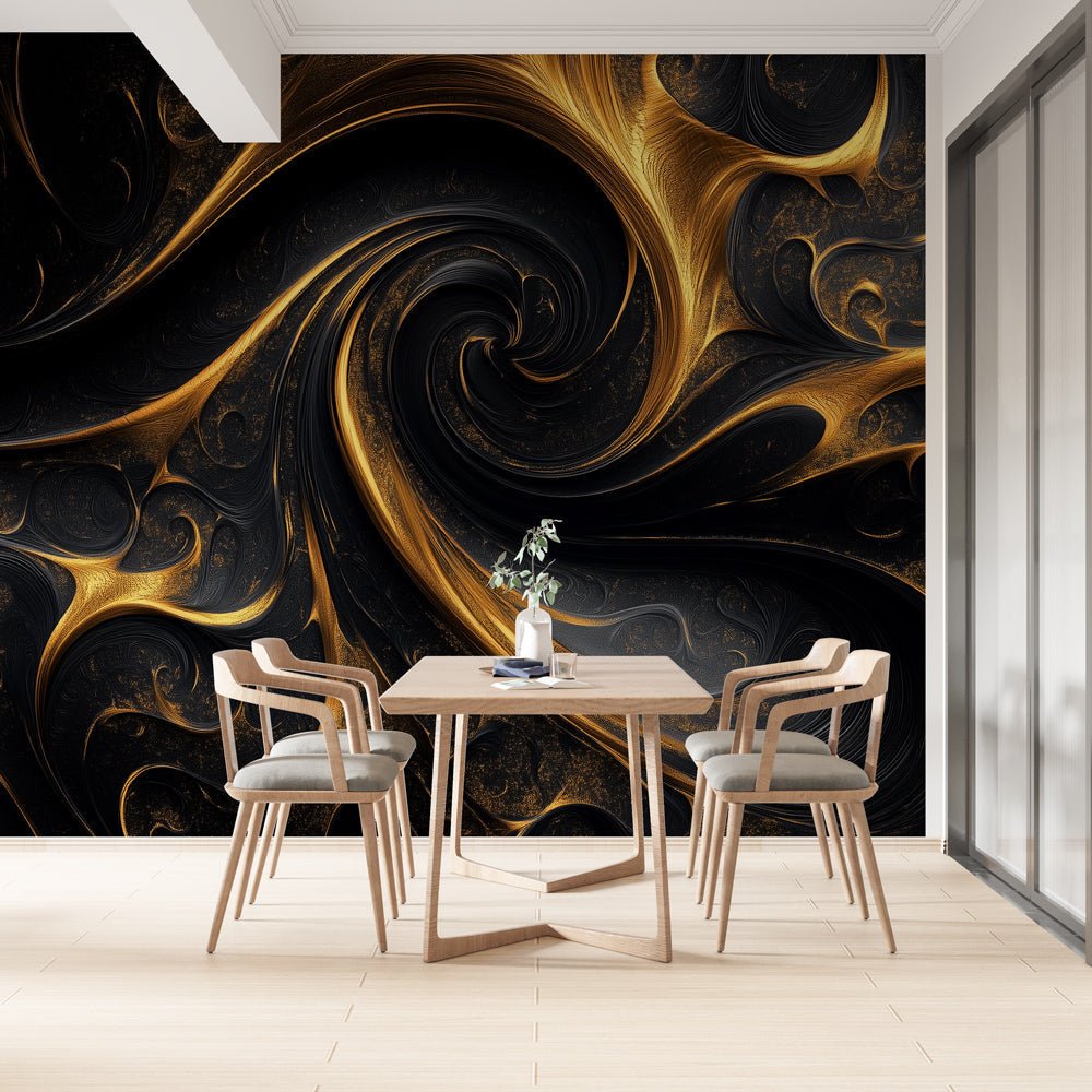 Luxury abstract mural wallpaper with golden spirals on black background in modern dining room setting