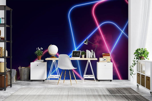 Modern home office with neon geometric mural wallpaper featuring blue and pink lines