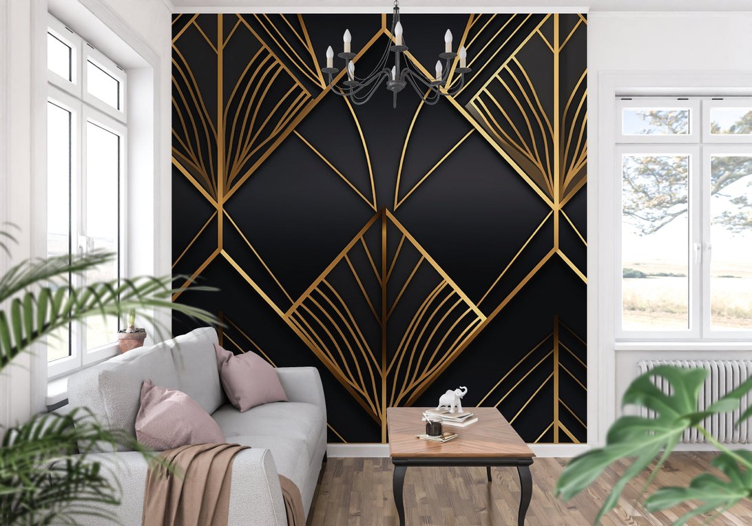Elegant Art Deco wall mural featuring geometric gold pattern on black background in bright living space