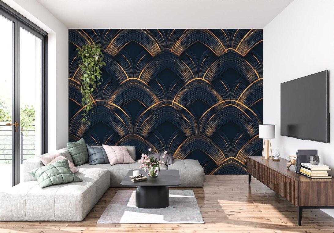Close-up of black and gold geometric fan pattern mural wallpaper texture