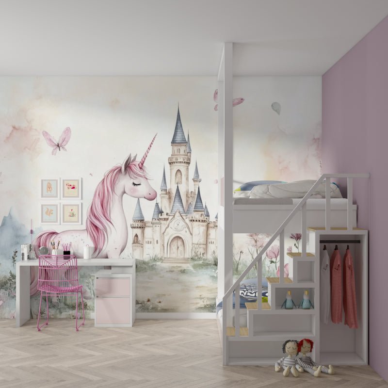 Fairy tale unicorn wallpaper mural with butterflies and castle detail