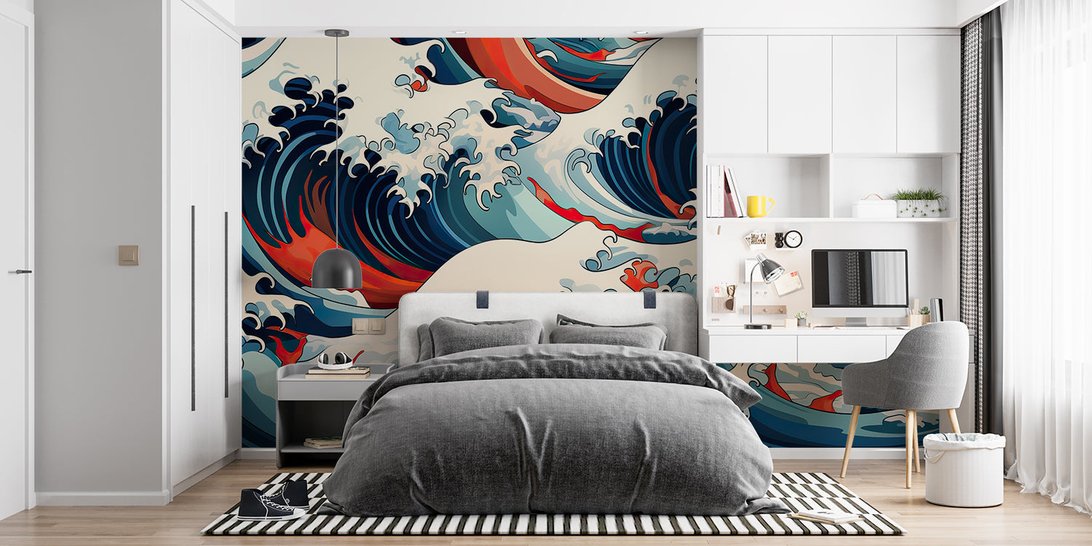 Panoramic view of Japanese wave mural wallpaper installation in modern room