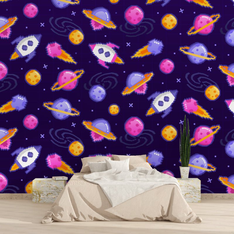 Space Adventure Pixel Art Mural Wallpaper close-up showing pixel art rocket and planet details