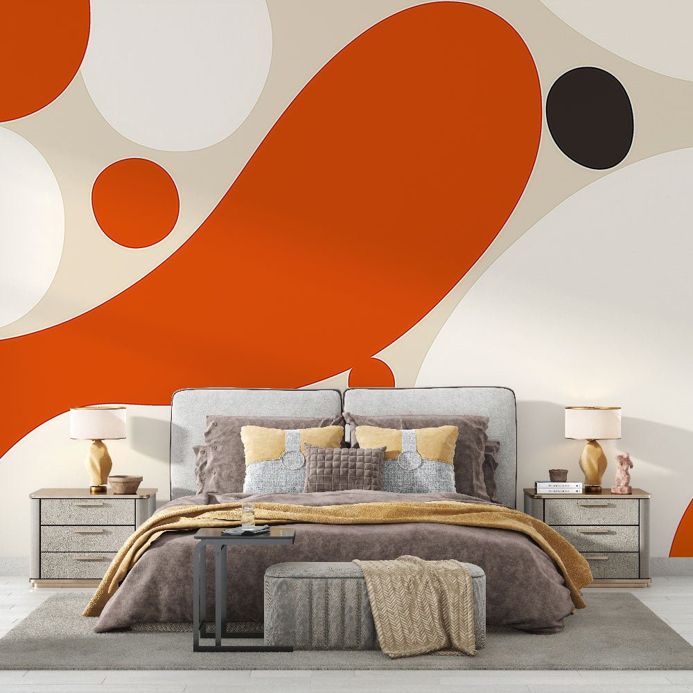 Abstract geometric mural wallpaper with orange and black circles in modern bedroom setting