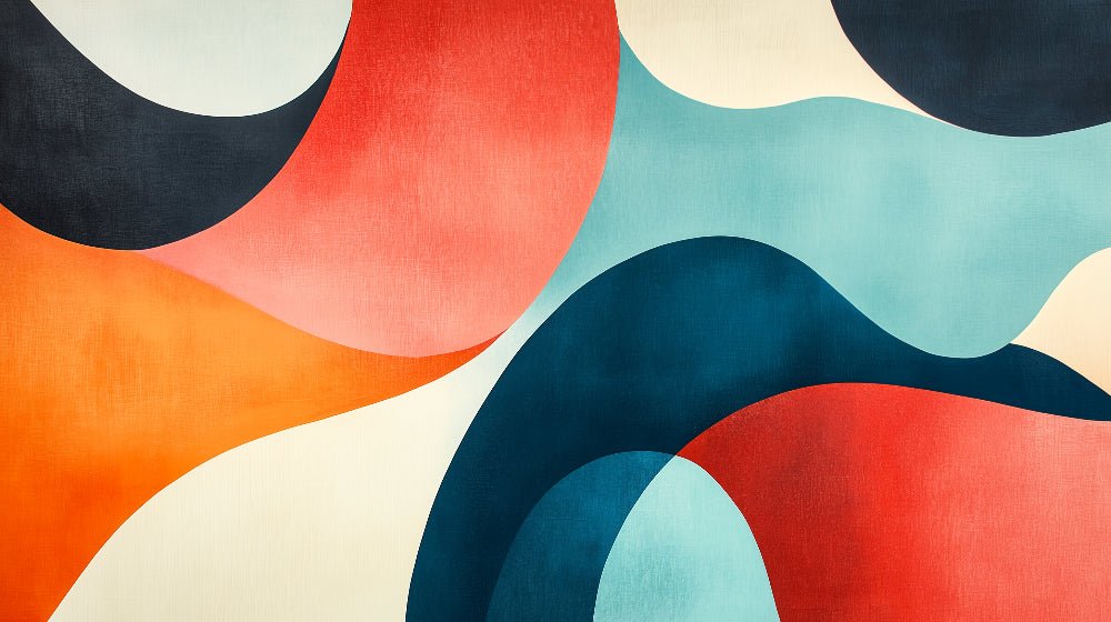 Close-up of abstract geometric mural wallpaper design featuring coral, turquoise, and orange curved shapes