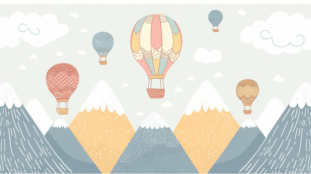 Close-up of hot air balloon mural wallpaper design featuring pastel balloons and snow-capped mountains