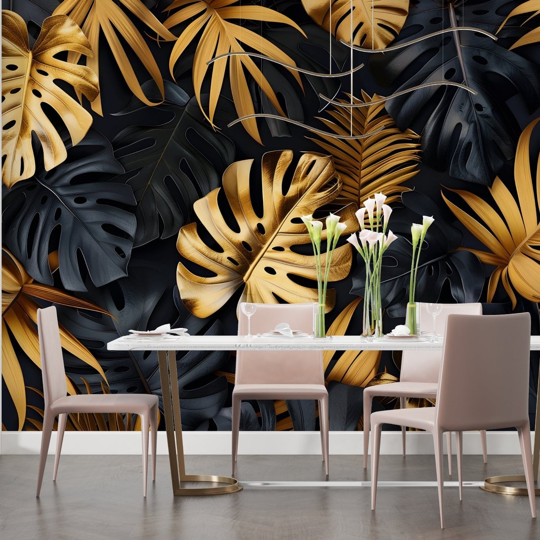 Elegant tropical mural wallpaper with black and gold monstera leaves in dining room