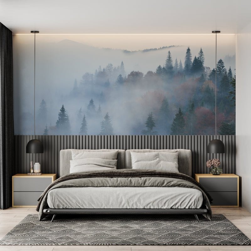 Mountain forest mural wallpaper with misty morning pine trees in modern bedroom setting